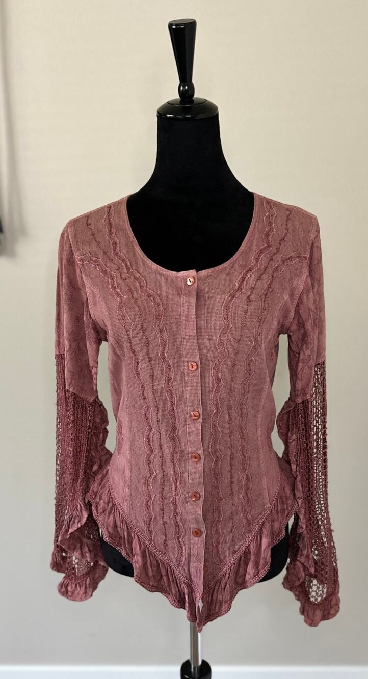 90's Embroidered Bell Sleeve Button Front Basque Waist Hemp Blouse Size S